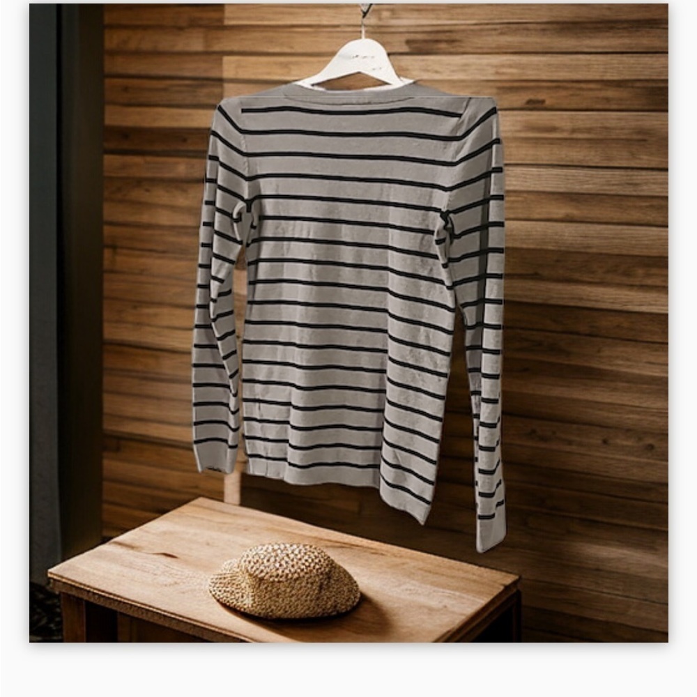 JACOB Grey/Black Stripe Knit Sweater -Boatneck-Button at neck detail -SzM-EUC🍂 - Picture 10 of 11